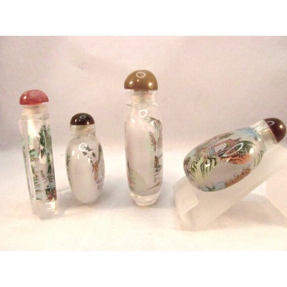 Reverse Painted Glass Snuff Bottles Vintage Asian Art with Stoppers Lot of 4 - Picture 9 of 12